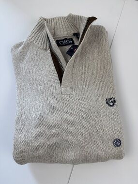 Chaps Men’s Half-Zip Sweater in Light Gray with Navy Embroidery